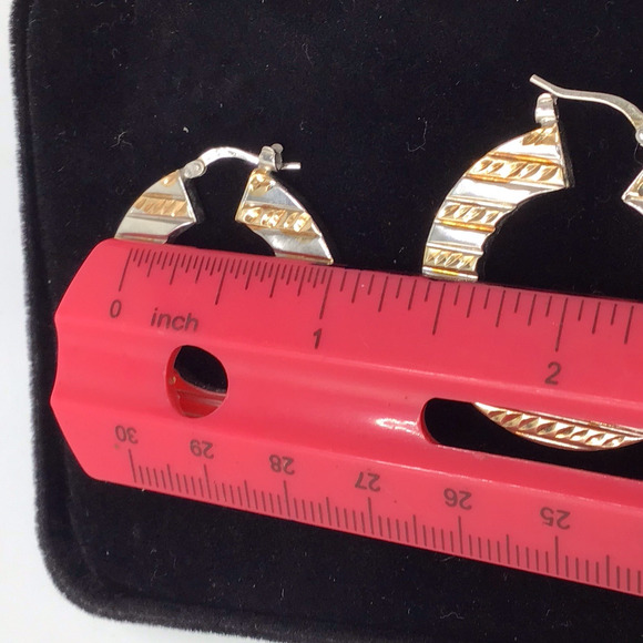 Sterling Silver Two Tone Textured Hoop Earrings 4.6g Polished Striped Design - Picture 9 of 14